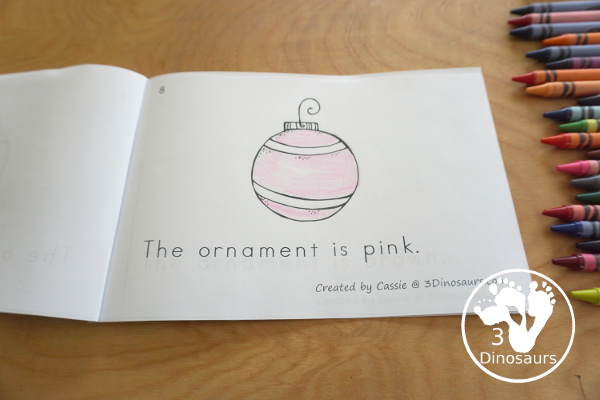 Christmas Ornament Color Pack - with 78 pages of printables with color easy reader book, color clip cards, color tracing strips, color writing strips, color pocket chart cards, color word writing, color word puzzles, and more all to work on learning color words. This is a great Christmas Ornament theme - 3Dinosaurs.com