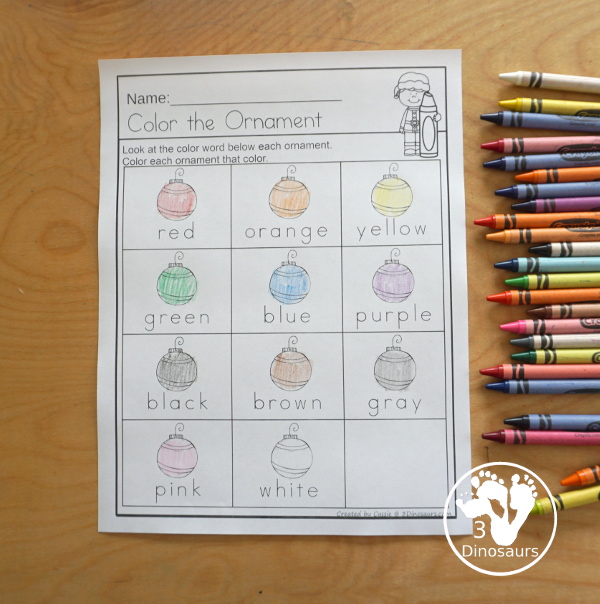 Christmas Ornament Color Pack - with 78 pages of printables with color easy reader book, color clip cards, color tracing strips, color writing strips, color pocket chart cards, color word writing, color word puzzles, and more all to work on learning color words. This is a great Christmas Ornament theme - 3Dinosaurs.com