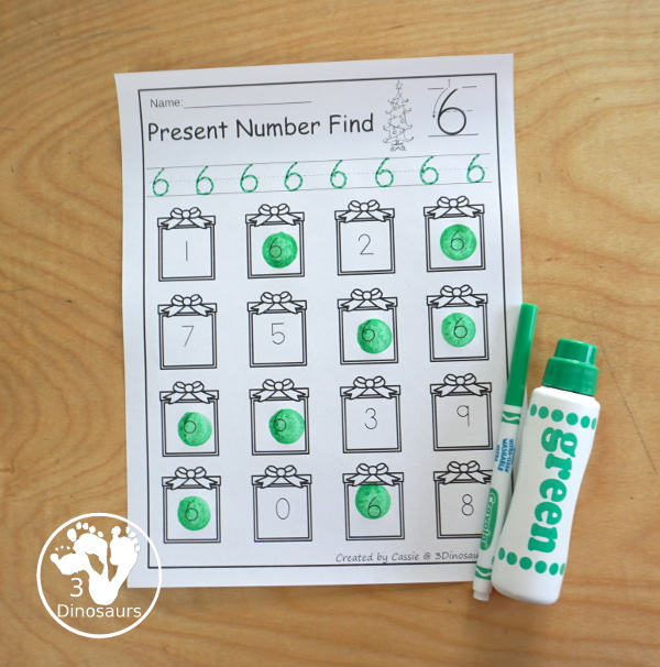 Christmas Theme Number Find with all numbers 0 to 20 with number digit and number word for kids to use with 42 pages of printables - 3Dinosaurs.com