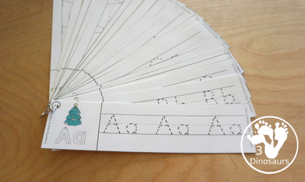 Free Christmas Tree Theme ABC Tracing Strips - with uppercase and lowercase together. You have fun kids with a Christmas Tree plus you can see an example of how to trace the letters - 3Dinosaurs.com