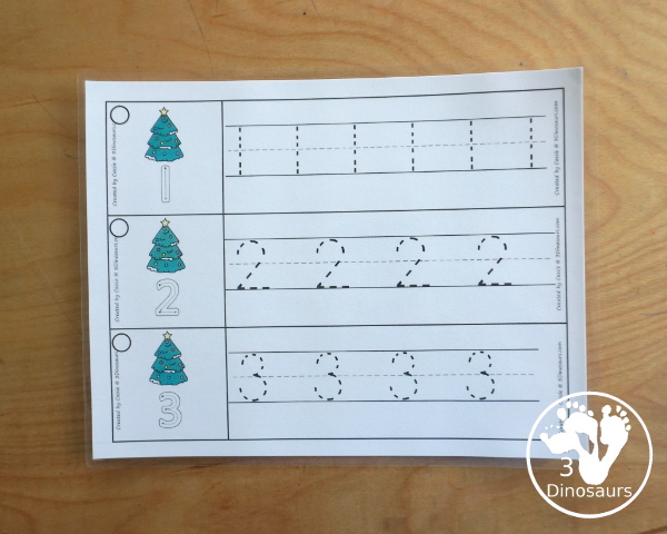 Free Christmas Tree Themed Number Tracing Strips - with numbers 0 to 20. You have an example of how to trace the number and then numbers to trace - 3Dinosaurs.com