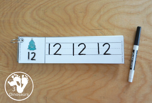 Free Christmas Tree Themed Number Tracing Strips - with numbers 0 to 20. You have an example of how to trace the number and then numbers to trace - 3Dinosaurs.com