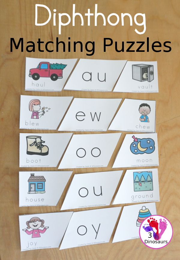 Free Diphthongs Matching Puzzles - three piece puzzle for kids to make with diphthong vowel and two matching pictures - 3Dinosaurs.com