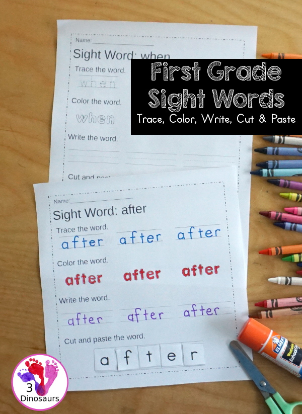 Free First Grade Sight Word Trace, Color, Write, Cut & Paste - all 41 dolch first grade sight words in an easy to use worksheet that has trace, coloring, writing, and cut and paste for the sight words - 3Dinosaurs.com