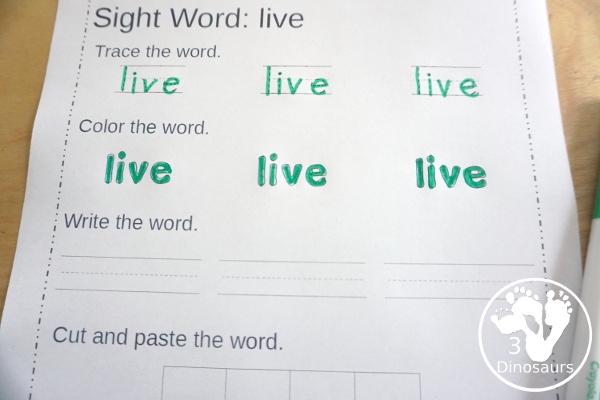 Free First Grade Sight Word Trace, Color, Write, Cut & Paste - all 41 dolch first grade sight words in an easy to use worksheet that has trace, coloring, writing, and cut and paste for the sight words - 3Dinosaurs.com