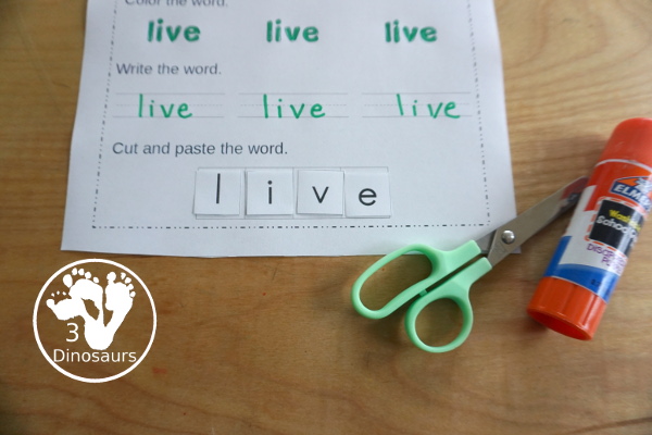 Free First Grade Sight Word Trace, Color, Write, Cut & Paste - all 41 dolch first grade sight words in an easy to use worksheet that has trace, coloring, writing, and cut and paste for the sight words - 3Dinosaurs.com