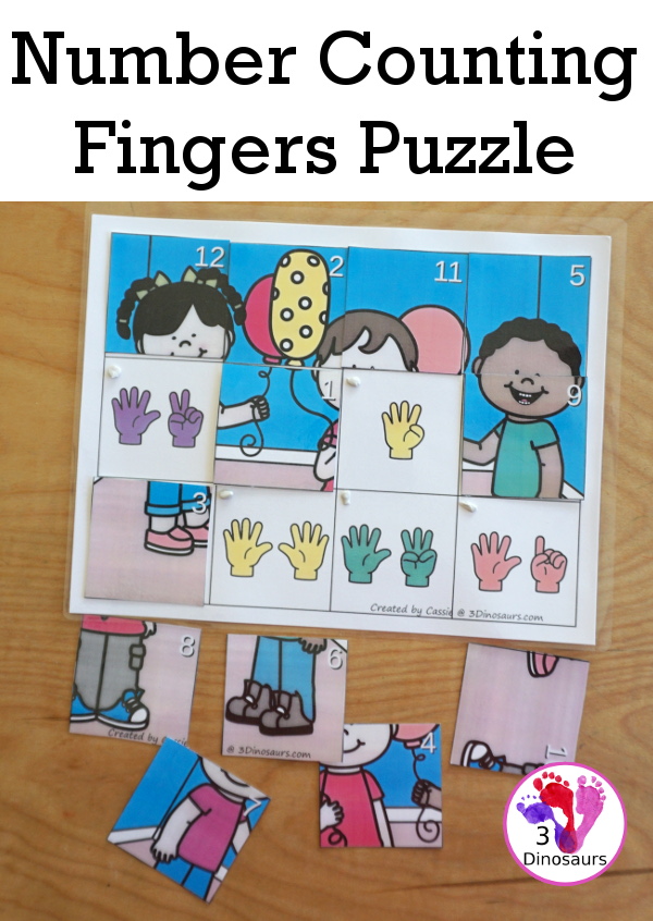 Free Number Counting Fingers Puzzle - counting from 1 to 12 with fingers and a matching puzzles. A simple way to counting and match numbers - 3Dinosaurs.com
