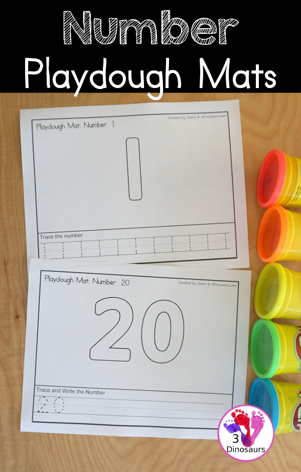Free Number Playdough Mats 0 to 20 - has two number playdough mats for each number. You have the number playdough and then tracing or writing for the number - 3Dinosaurs.com