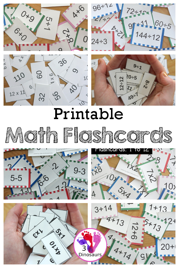 Printable Math Flashcards - with different math flashcards for addition, subtraction, multiplication. and division with different sizes and mix of types of flashcards - 3Dinosaurs.com