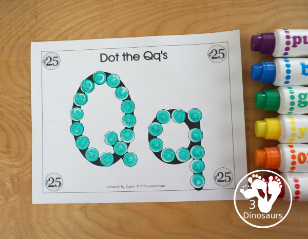 Free Romping & Roaring Q Pack: Letter Q is for Quarter  - a letter Q pack that has prewriting, finding letters, tracing letters, coloring pages, shapes, puzzles and more - 3Dinosaurs.com