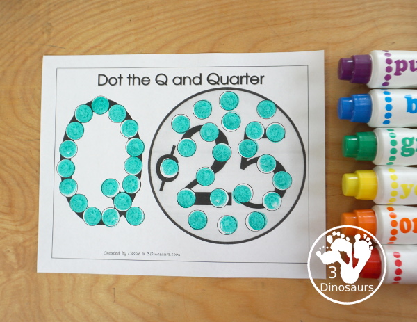 Free Romping & Roaring Q Pack: Letter Q is for Quarter  - a letter Q pack that has prewriting, finding letters, tracing letters, coloring pages, shapes, puzzles and more - 3Dinosaurs.com
