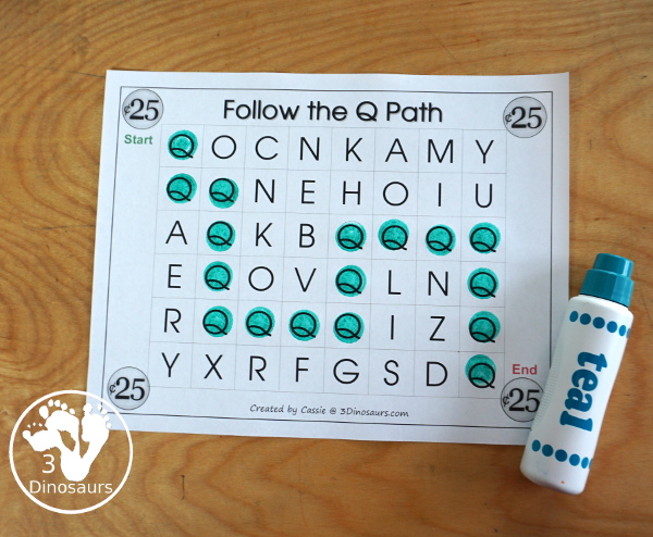 Free Romping & Roaring Q Pack: Letter Q is for Quarter  - a letter Q pack that has prewriting, finding letters, tracing letters, coloring pages, shapes, puzzles and more - 3Dinosaurs.com