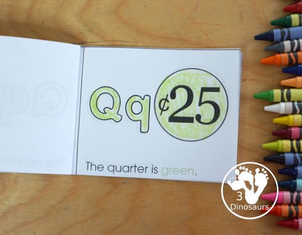 Free Romping & Roaring Q Pack: Letter Q is for Quarter  - a letter Q pack that has prewriting, finding letters, tracing letters, coloring pages, shapes, puzzles and more - 3Dinosaurs.com