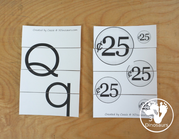 Free Romping & Roaring Q Pack: Letter Q is for Quarter  - a letter Q pack that has prewriting, finding letters, tracing letters, coloring pages, shapes, puzzles and more - 3Dinosaurs.com