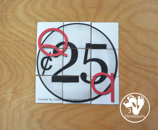 Free Romping & Roaring Q Pack: Letter Q is for Quarter  - a letter Q pack that has prewriting, finding letters, tracing letters, coloring pages, shapes, puzzles and more - 3Dinosaurs.com