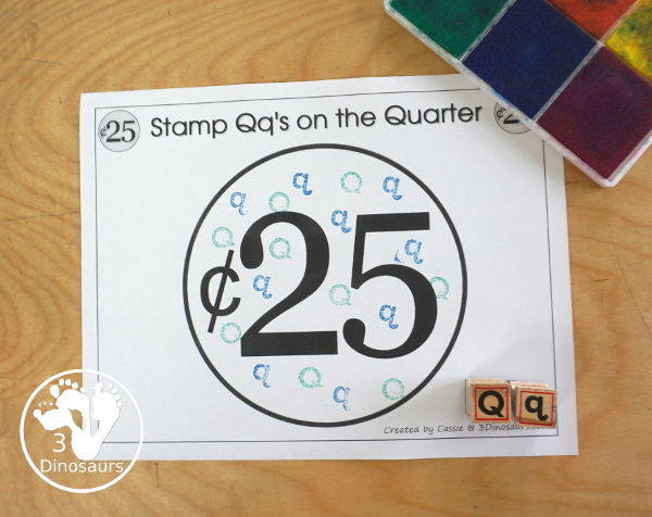 Free Romping & Roaring Q Pack: Letter Q is for Quarter  - a letter Q pack that has prewriting, finding letters, tracing letters, coloring pages, shapes, puzzles and more - 3Dinosaurs.com
