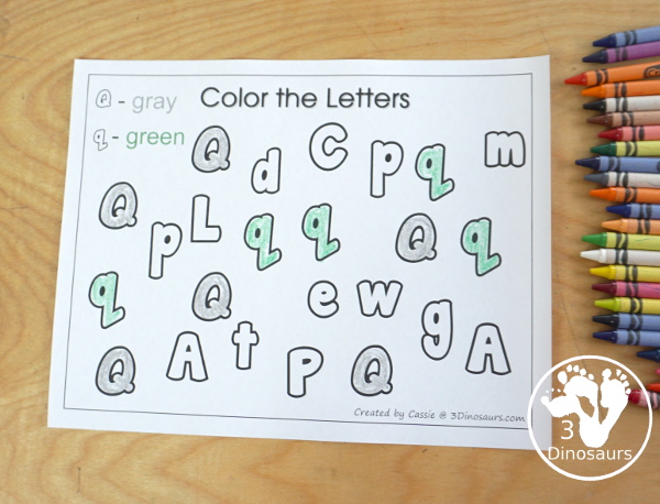 Free Romping & Roaring Q Pack: Letter Q is for Quarter  - a letter Q pack that has prewriting, finding letters, tracing letters, coloring pages, shapes, puzzles and more - 3Dinosaurs.com
