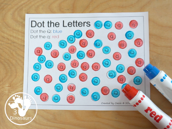 Free Romping & Roaring Q Pack: Letter Q is for Quarter  - a letter Q pack that has prewriting, finding letters, tracing letters, coloring pages, shapes, puzzles and more - 3Dinosaurs.com