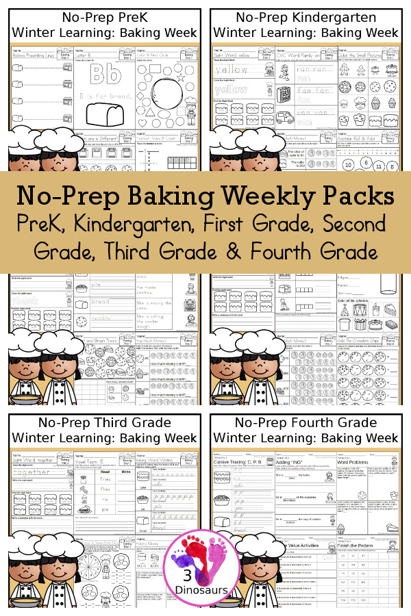Baking No-Prep Weekly Packs PreK, Kindergarten, First Grade, Second Grade, Third Grade & Fourth Grade with 5 days of activities to do for each grade level With loads of different baking activities for winter - You will find a mix of math, language, and more - These are easy to use packs for winter learning, homework, early finisher, and morning work. Easy no-prep printables for kids with four pages for each day - 3Dinosaurs.com