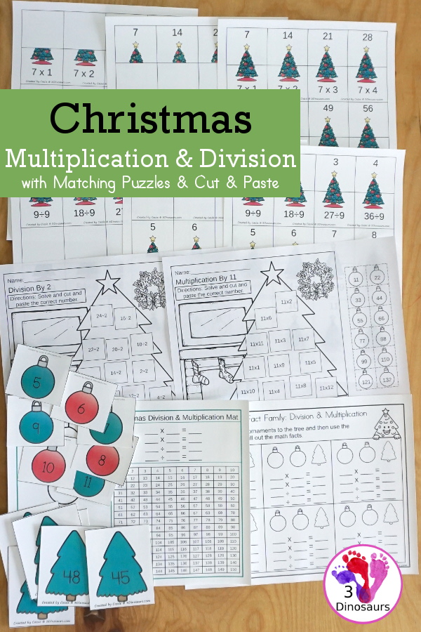 Christmas Multiplication & Division Cut & Paste and Matching with cut and paste worksheets for division and multiplication with numbers 1 to 12 and match puzzles and matching mats for division and multiplication - 3Dinosaurs.com