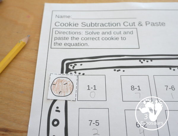 Free Cookie Subtraction Cut & Paste Worksheet - two fun worksheets that work on subtraction and matching cookies with chocolate chips for the answers. It is a fun change to subtraction worksheets for kids. - 3Dinosaurs.com