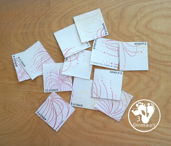 Free Fireworks Telling Time Puzzle - The telling time puzzle works on telling time with hourly time on an analog clock and written words for each hour a great hands-on telling time printable- 3Dinosaurs.com