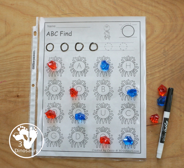 Fireworks ABC Letter Find Printable - with all 26 letters of the alphabet with tracing the letters and finding the letters on the fireworks. Works great for Fourth of July, new years or any celebration with fireworks - 3Dinosaurs.com