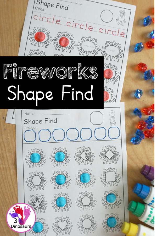 Easy No-Prep Firework Shape Find - with shape and shape word for kids with a firework theme for new years and fourth of July. You have 11 shapes for kids to learn. - 3Dinosaurs.com