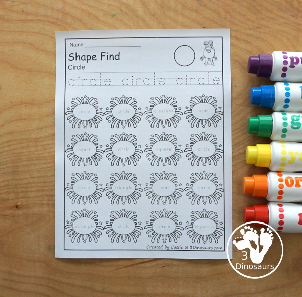 Easy No-Prep Firework Shape Find - with shape and shape word for kids with a firework theme for new years and fourth of July. You have 11 shapes for kids to learn. - 3Dinosaurs.com