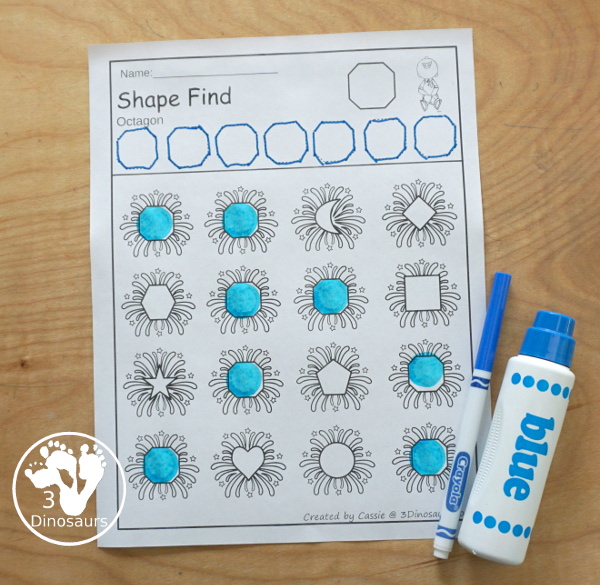 Easy No-Prep Firework Shape Find - with shape and shape word for kids with a firework theme for new years and fourth of July. You have 11 shapes for kids to learn. - 3Dinosaurs.com