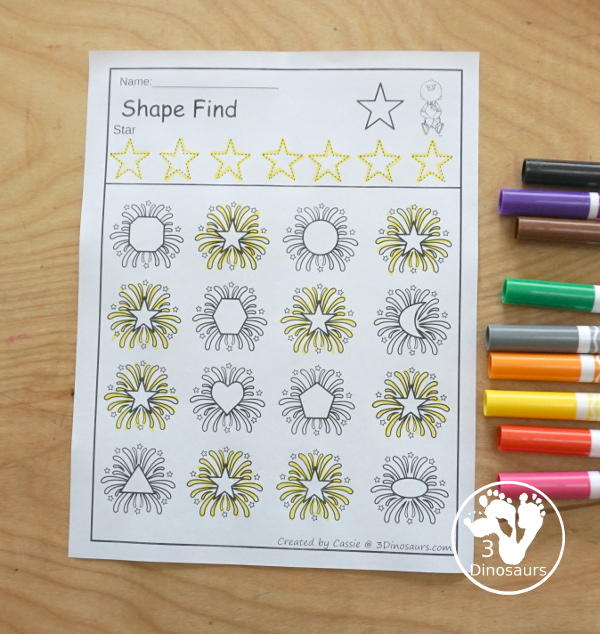 Easy No-Prep Firework Shape Find - with shape and shape word for kids with a firework theme for new years and fourth of July. You have 11 shapes for kids to learn. - 3Dinosaurs.com