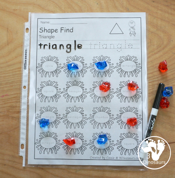 Easy No-Prep Firework Shape Find - with shape and shape word for kids with a firework theme for new years and fourth of July. You have 11 shapes for kids to learn. - 3Dinosaurs.com