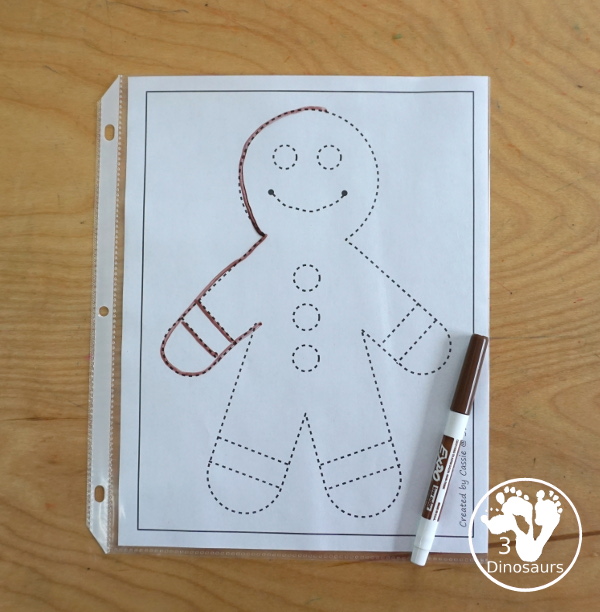 Free Gingerbread Man Fine motor Mats  - with gingerbread templates, gingerbread tracing mat, gingerbread dot marker mat all to work on fine motor skills for any gingerbread theme- 3Dinosaurs.com