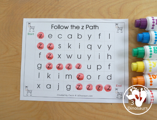 Free Romping & Roaring Z Pack Letter Pack: Z is for Zebra - a letter z pack that has prewriting, finding letters, tracing letters, coloring pages, shapes, puzzles, and more - 3Dinosaurs.com