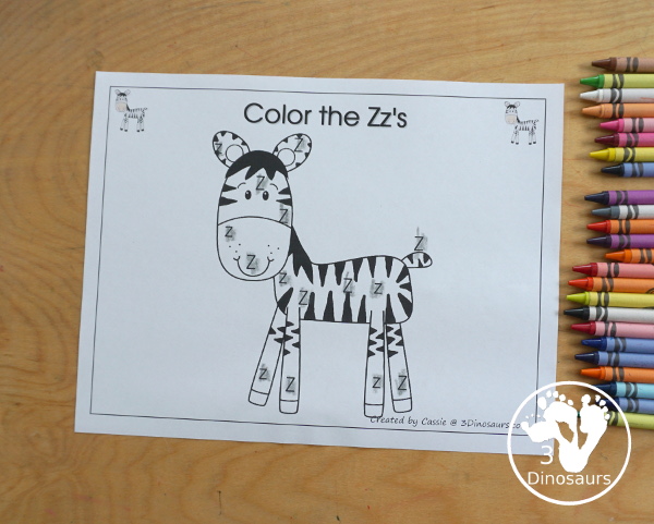 Free Romping & Roaring Z Pack Letter Pack: Z is for Zebra - a letter z pack that has prewriting, finding letters, tracing letters, coloring pages, shapes, puzzles and more - 3Dinosaurs.com