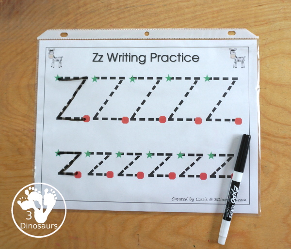 Free Romping & Roaring Z Pack Letter Pack: Z is for Zebra - a letter z pack that has prewriting, finding letters, tracing letters, coloring pages, shapes, puzzles, and more - 3Dinosaurs.com