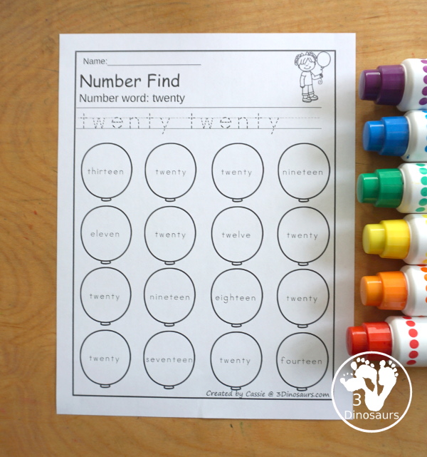  Balloon Number Find Printable  with numbers 0 to 20 with numerical number and number word for kids to trace and then find on the balloons. - 3Dinosaurs.com