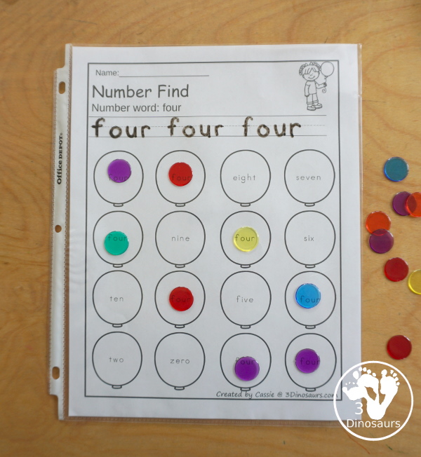  Balloon Number Find Printable  with numbers 0 to 20 with numerical number and number word for kids to trace and then find on the balloons. - 3Dinosaurs.com