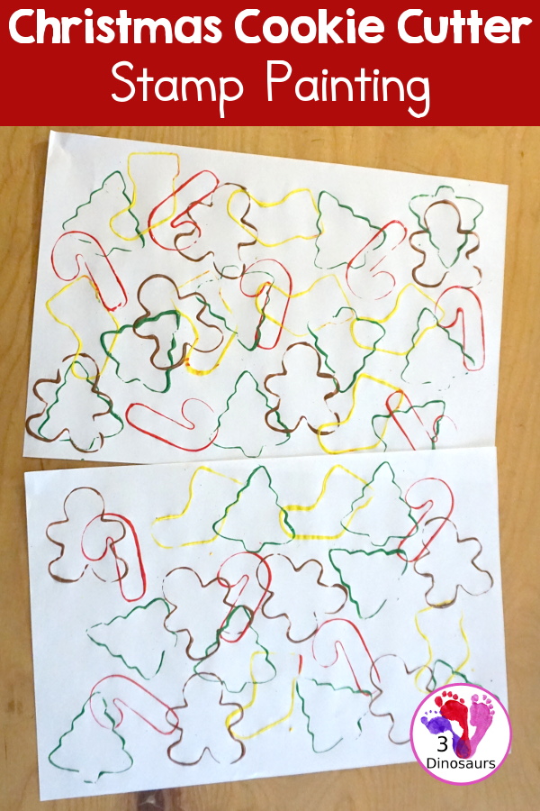 Christmas Cookie Cutter Painting - You stamp cookie cutters on the paper with each cookie cutter having a different color - 3Dinosaurs.com