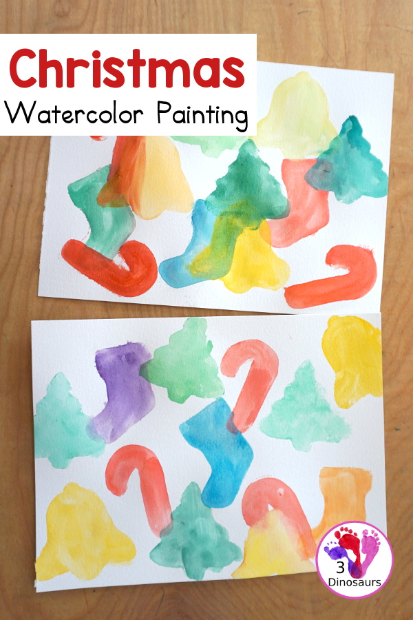 Christmas Watercolor Cookie Cutter Painting - easy Christmas watercolor painting with candy canes, bells, stockings, and trees - 3Dinosaurs.com
