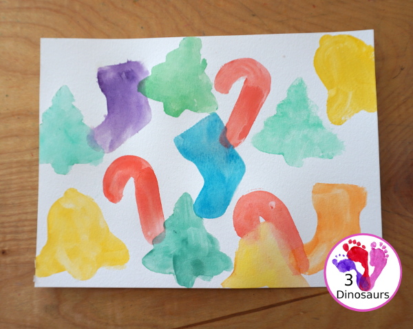 Christmas Watercolor Cookie Cutter Painting - easy Christmas watercolor painting with candy canes, bells, stockings and trees - 3Dinosaurs.com
