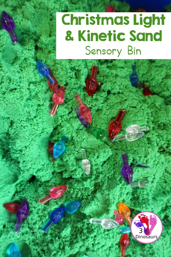 Christmas Lights and Kinetic Sand Sensory Bin - a fun sensory bin with green kinetic sand and Christmas lights for kids to play in and explore. - 3Dinosaurs.com