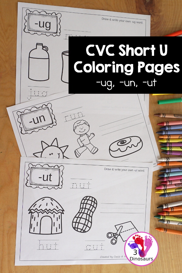 Free CVC Word Family Coloring Pages: Short U Vowel with -ug,  -un, -ut  with tracing the words, coloring the pictures and draw their own short u word for the short u vowels plus ending - 3Dinosaurs.com