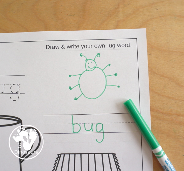 Free CVC Word Family Coloring Pages: Short U Vowel with -ug,  -un, -ut  with tracing the words, coloring the pictures and draw their own short u word for the short u vowels plus ending - 3Dinosaurs.com