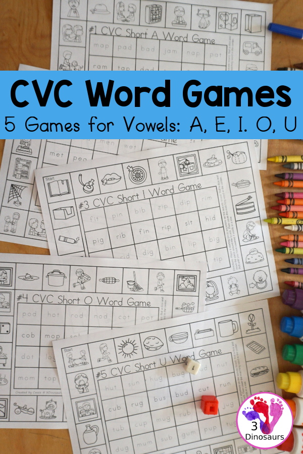 Free CVC Word Printable Games - 5 fun games with CVC short a words, CVC short e words, CVC short i words, CVC short o words, CVC sort u words with pictures outside and words to find in the middle. A great review for CVC words- 3Dinosaurs.com