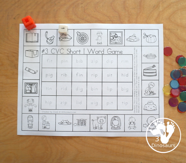 Free CVC Word Printable Games - 5 fun games with CVC short a words, CVC short e words, CVC short i words, CVC short o words, CVC sort u words with pictures outside and words to find in the middle. A great review for CVC words- 3Dinosaurs.com