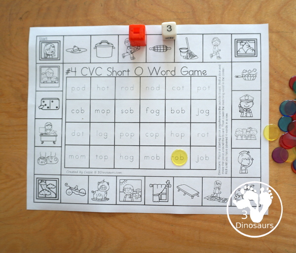 Free CVC Word Printable Games - 5 fun games with CVC short a words, CVC short e words, CVC short i words, CVC short o words, CVC sort u words with pictures outside and words to find in the middle. A great review for CVC words- 3Dinosaurs.com