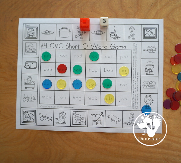 Free CVC Word Printable Games - 5 fun games with CVC short a words, CVC short e words, CVC short i words, CVC short o words, CVC sort u words with pictures outside and words to find in the middle. A great review for CVC words- 3Dinosaurs.com