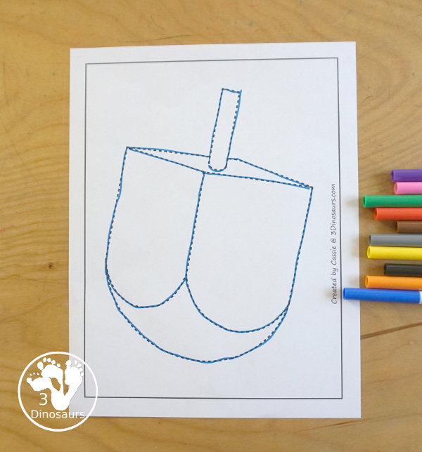 Free Dreidel Fine Motor Mat Printables with dreidel template, dreidel tracing worksheet, and dreidel dot marker printable for working on Fine motor skills for Hanukkah - 3Dinosaurs.com