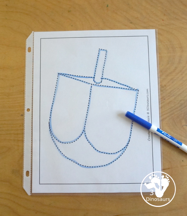 Free Dreidel Fine Motor Mat Printables with dreidel template, dreidel tracing worksheet, and dreidel dot marker printable for working on Fine motor skills for Hanukkah - 3Dinosaurs.com